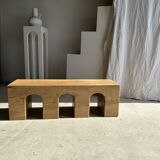 Solid monoxyl wood bench with carved 3-arch base - Natural wood color