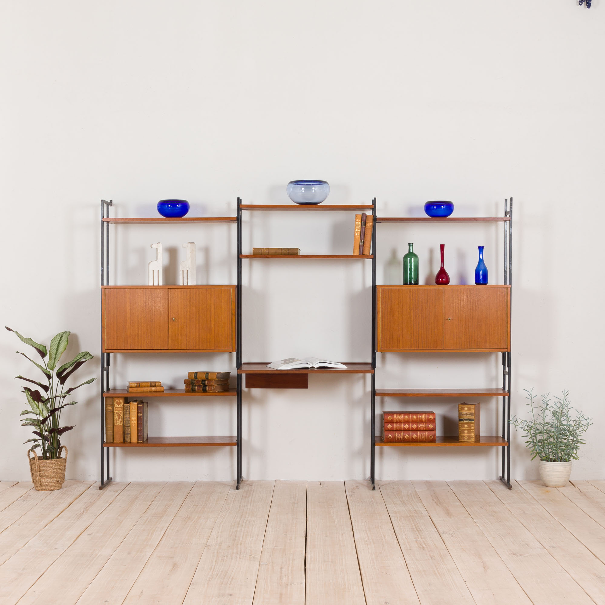 Free standing teak wall unit with a desk and 2 cabinets, Denmark, 1970s