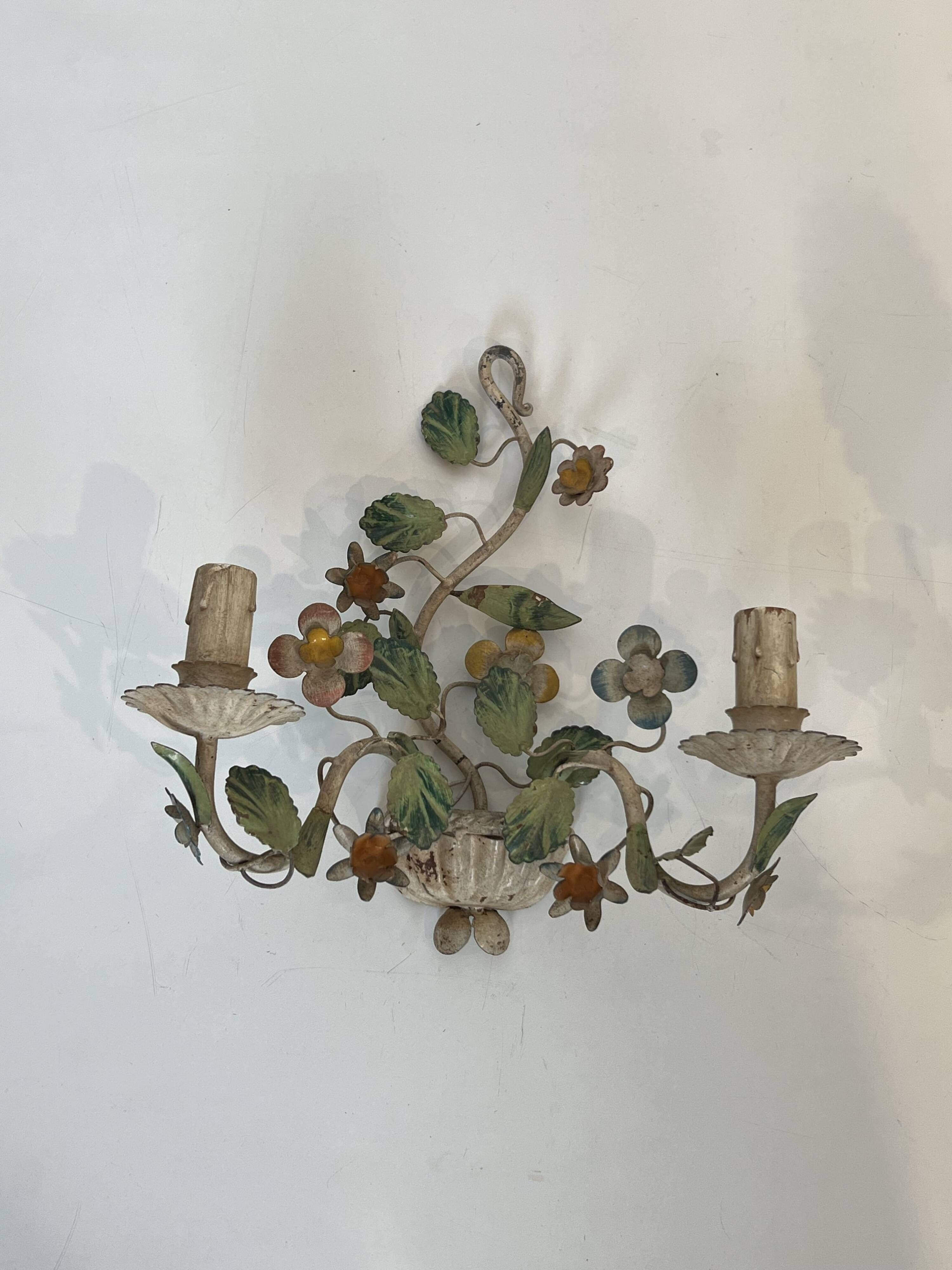 Pair of Wall Lights with Floral Basket in Painted Sheet Metal. Italian Work. Circa 19.