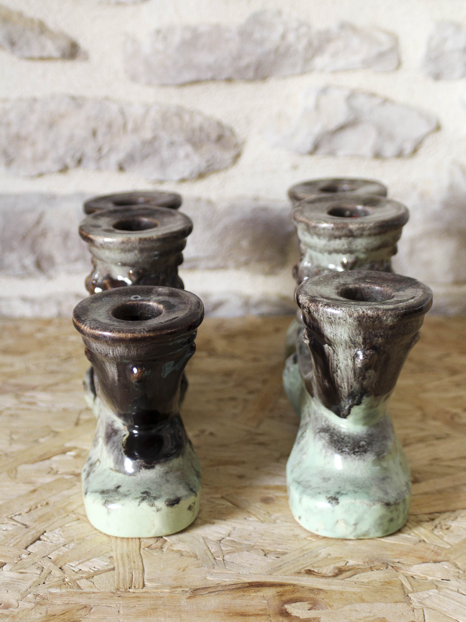 Pair of candlesticks 3 arms in glazed ceramic
