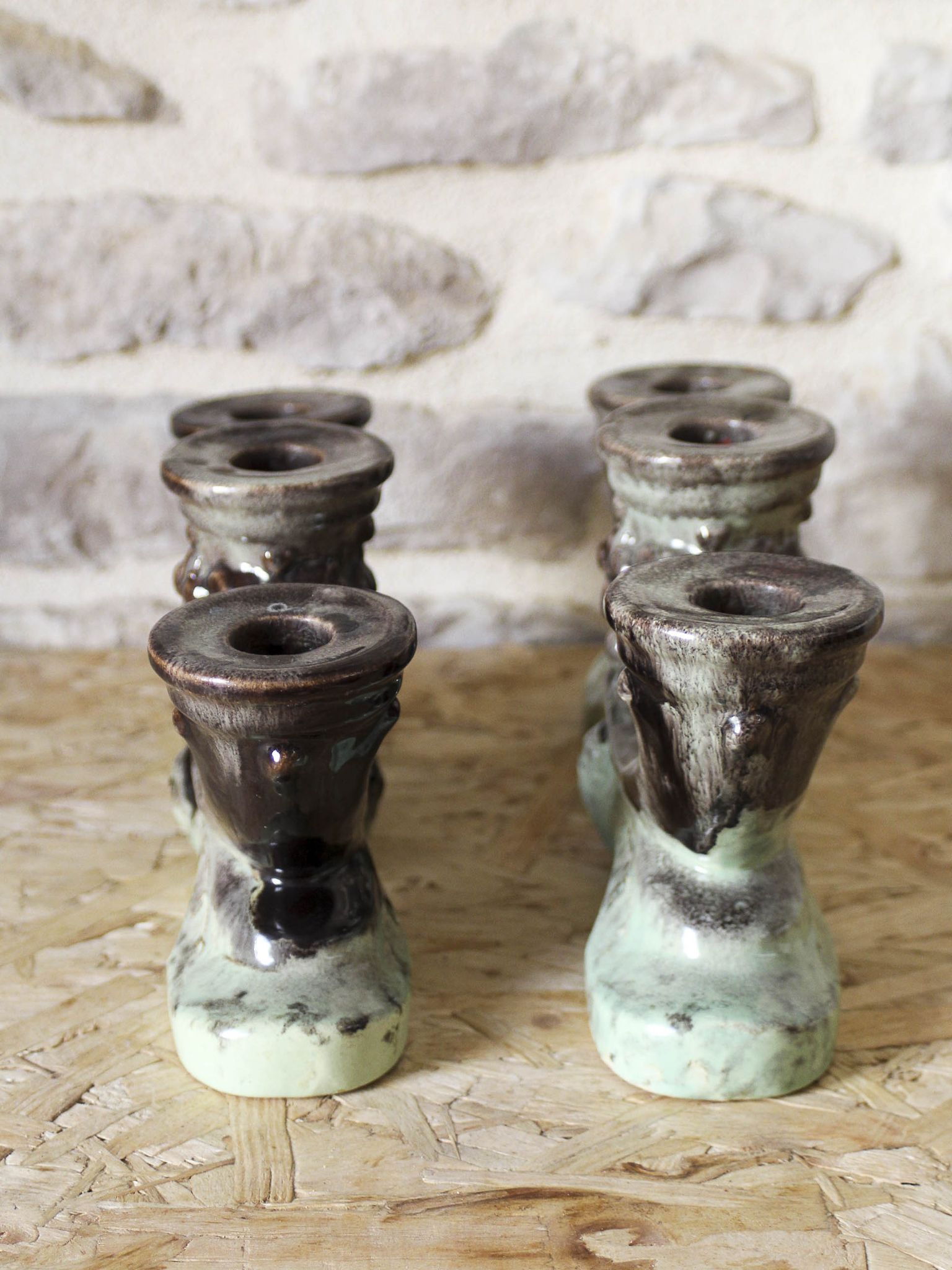 Pair of candlesticks 3 arms in glazed ceramic