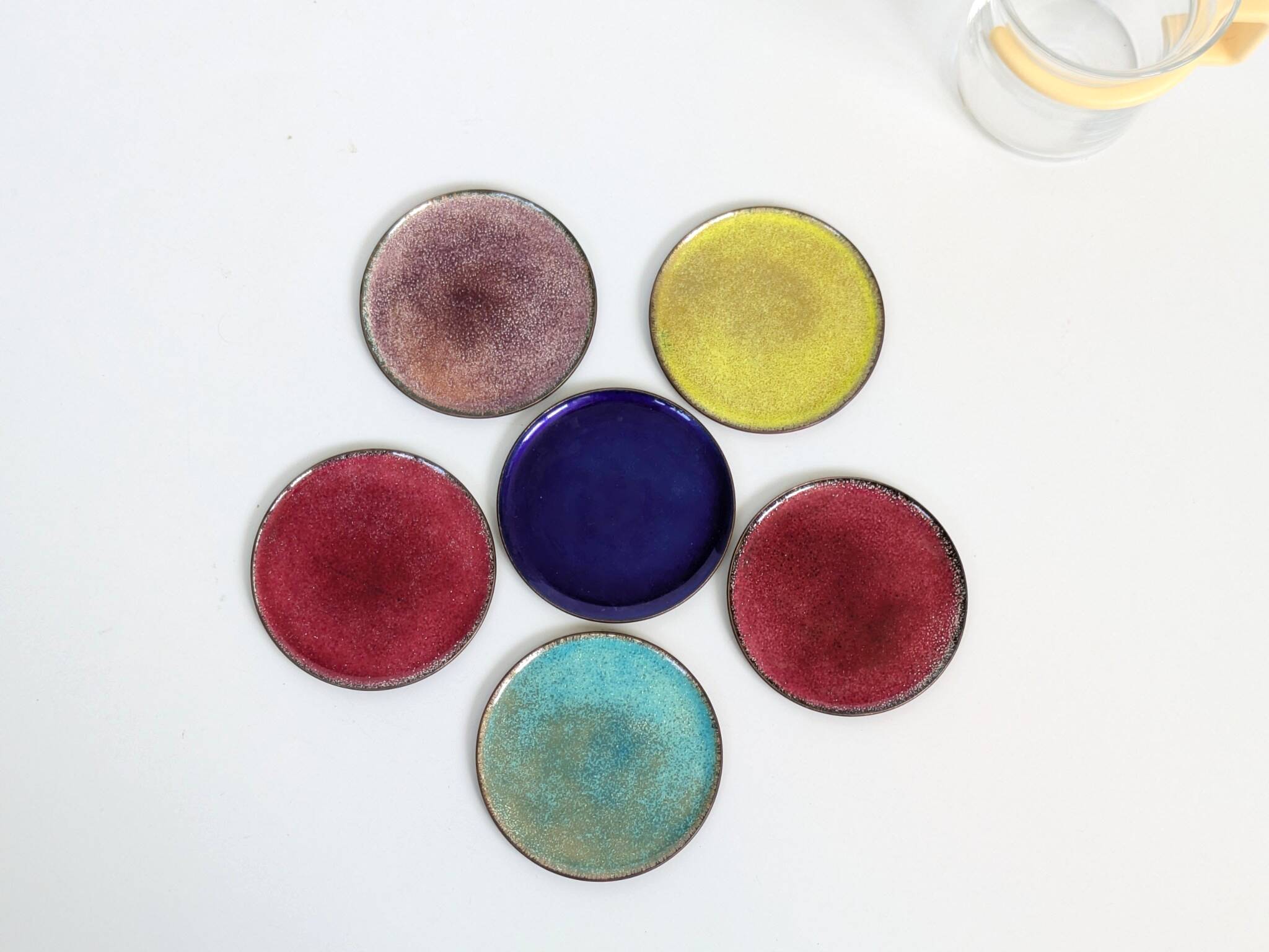 Set of 6 Vintage MCM Multicoloured Enamel on Copper Coasters from the 60s
