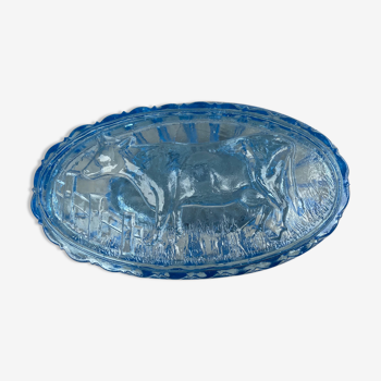 Beurrier vintage en verre  moulé décor vache-coloris bleu-années 60