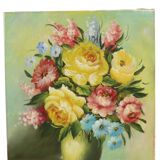 Fleurs dans un vase Nature morte Peinture amateur Signée 27 cm