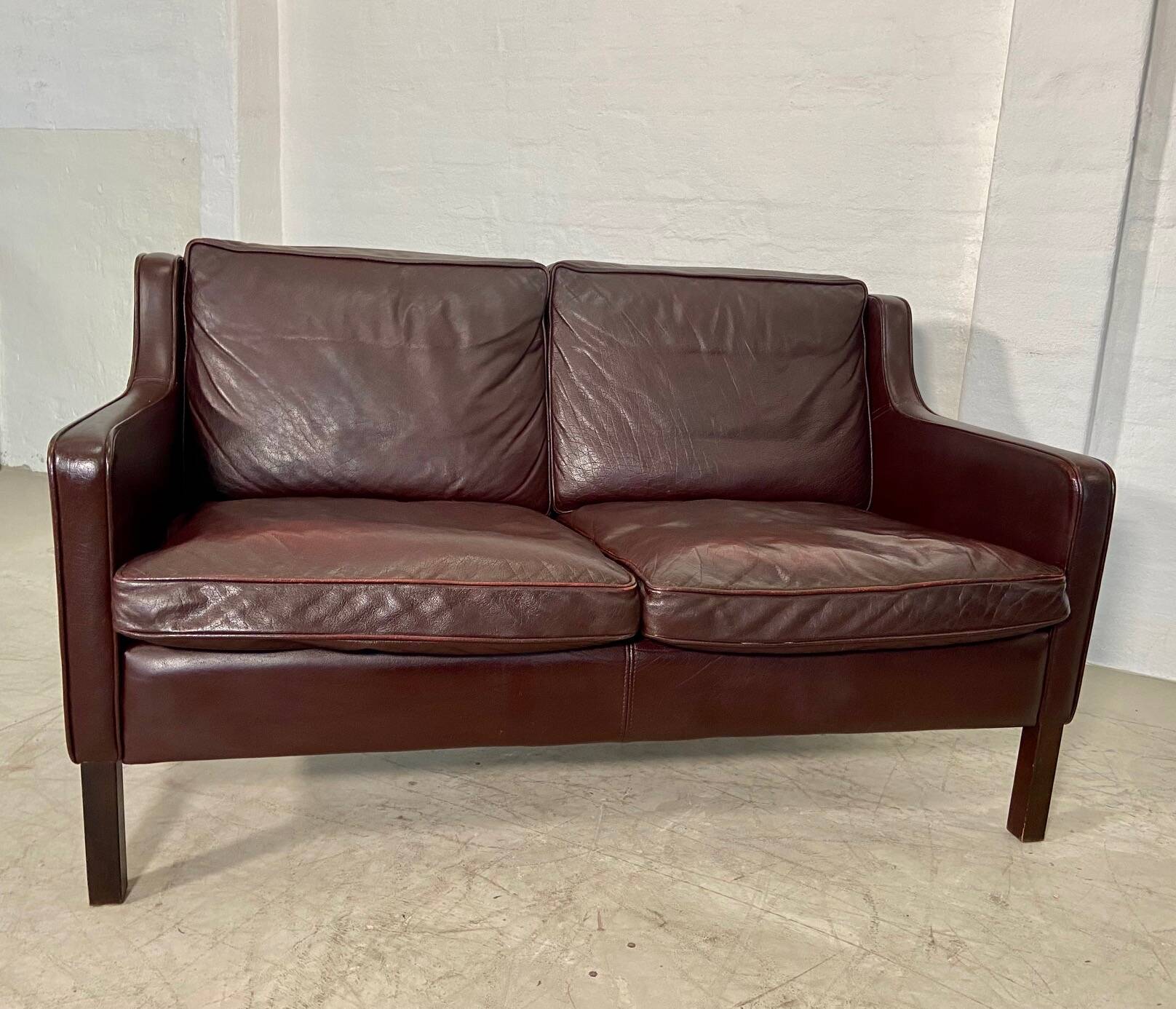 Vintage danish mid century dark cognac leather 2 seater stouby sofa