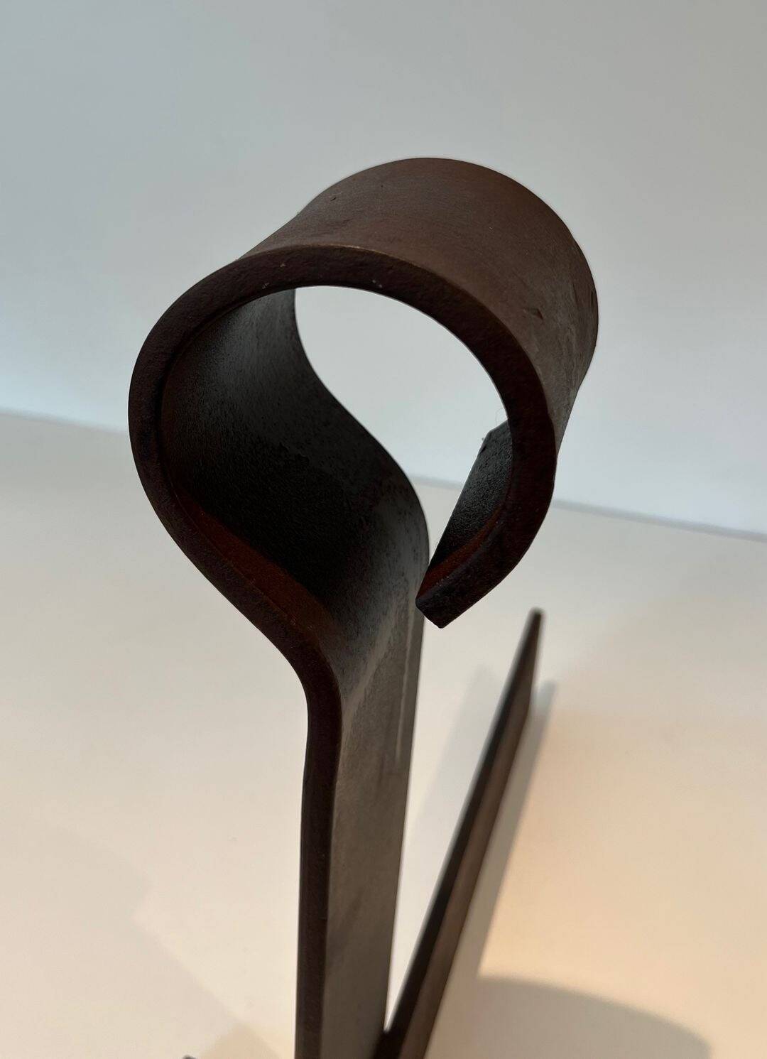 Important Pair of Modernist Wrought Iron Andirons with Ring Finials