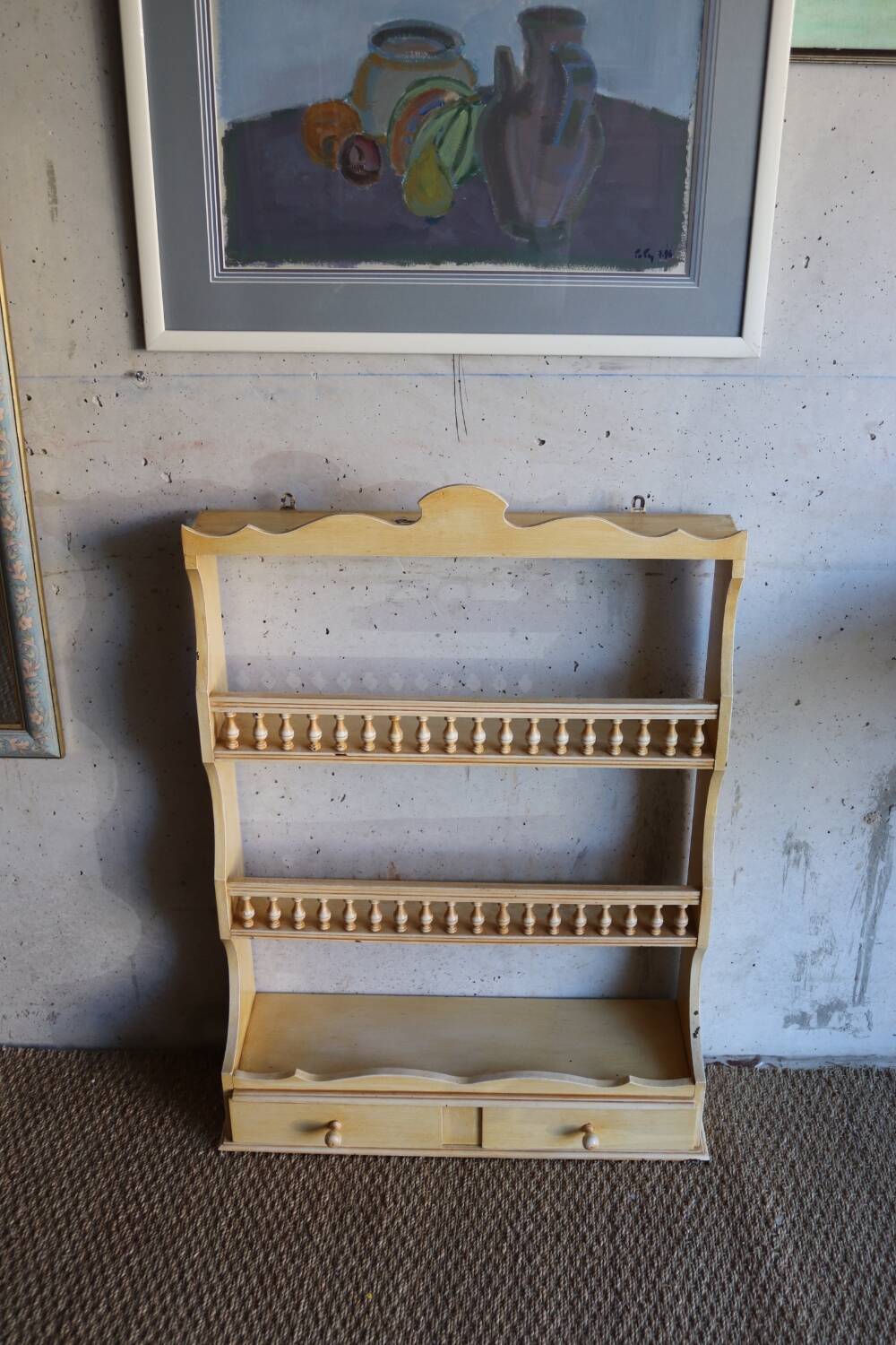 Vintage painted turned wood wall shelf