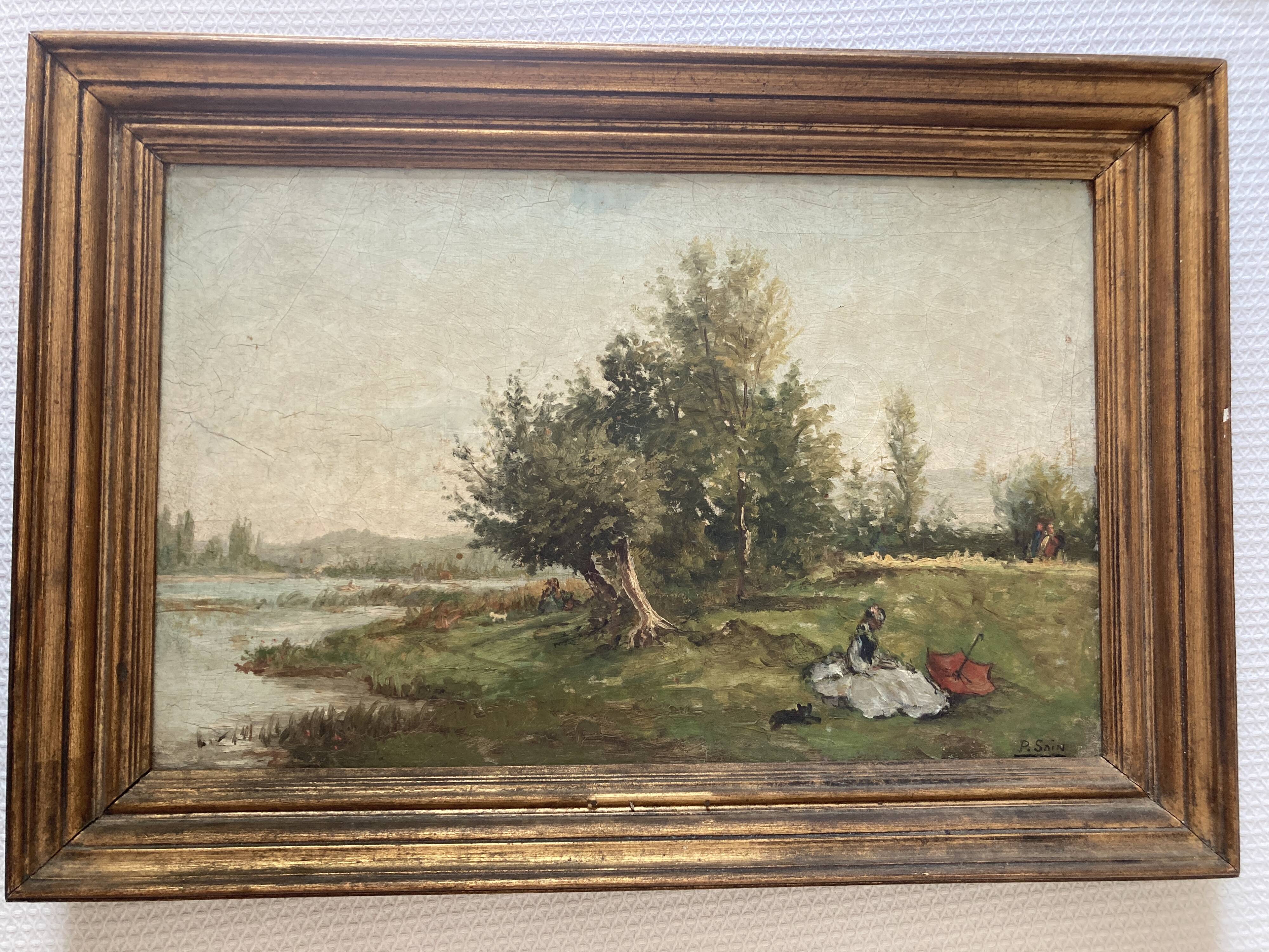 Old painting - animated scene: Elegant women on the river bank - post impressionist