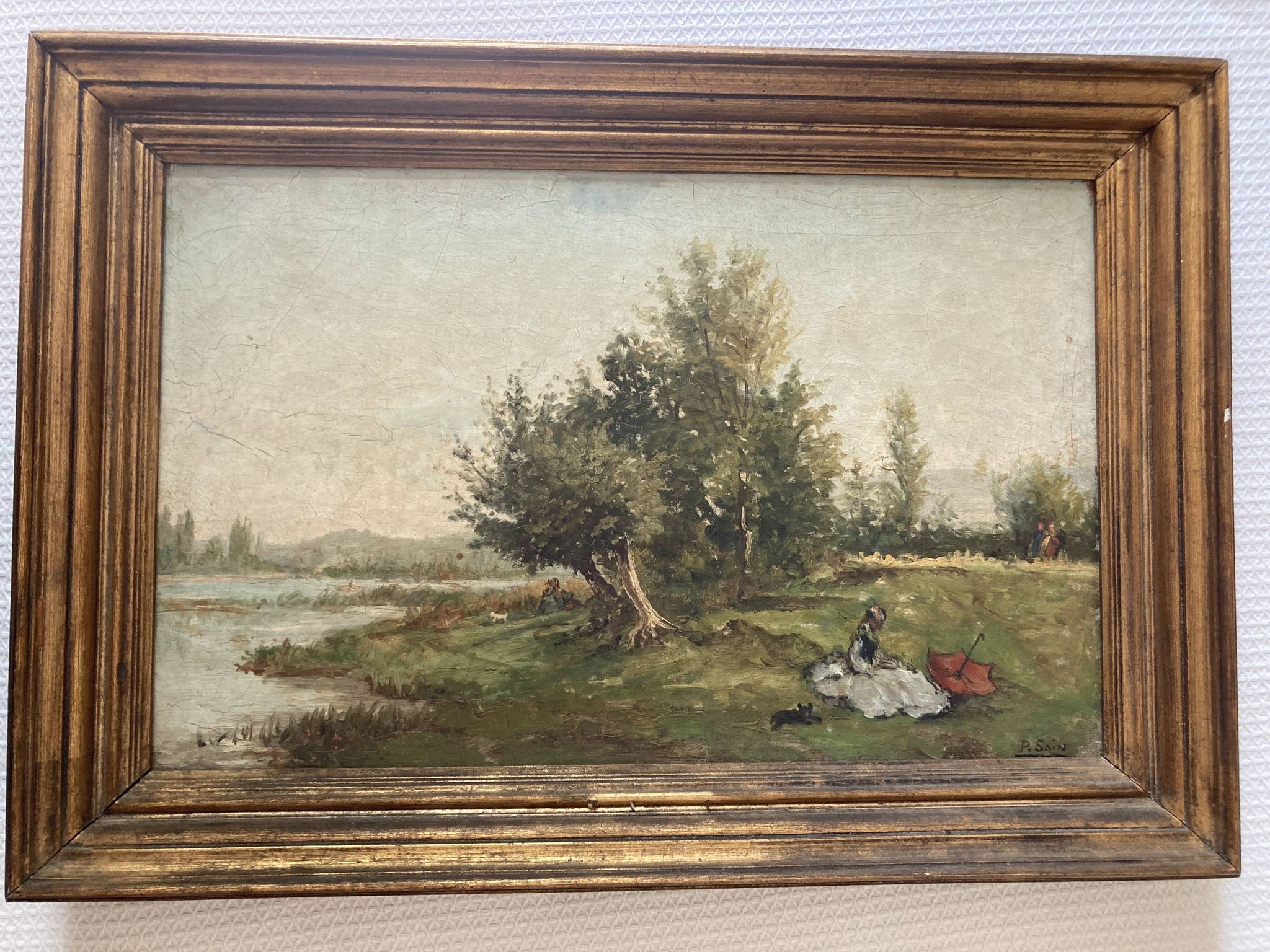 Tableau ancien - scène animée : Elégantes au bord du fleuve - post impressioniste