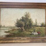 Old painting - animated scene: Elegant women on the river bank - post impressionist
