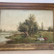 Tableau ancien - scène animée : Elégantes au bord du fleuve - post impressioniste