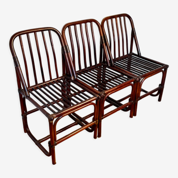 Ensemble de 3 chaises chauffeuses bambou rotin vintage 1970