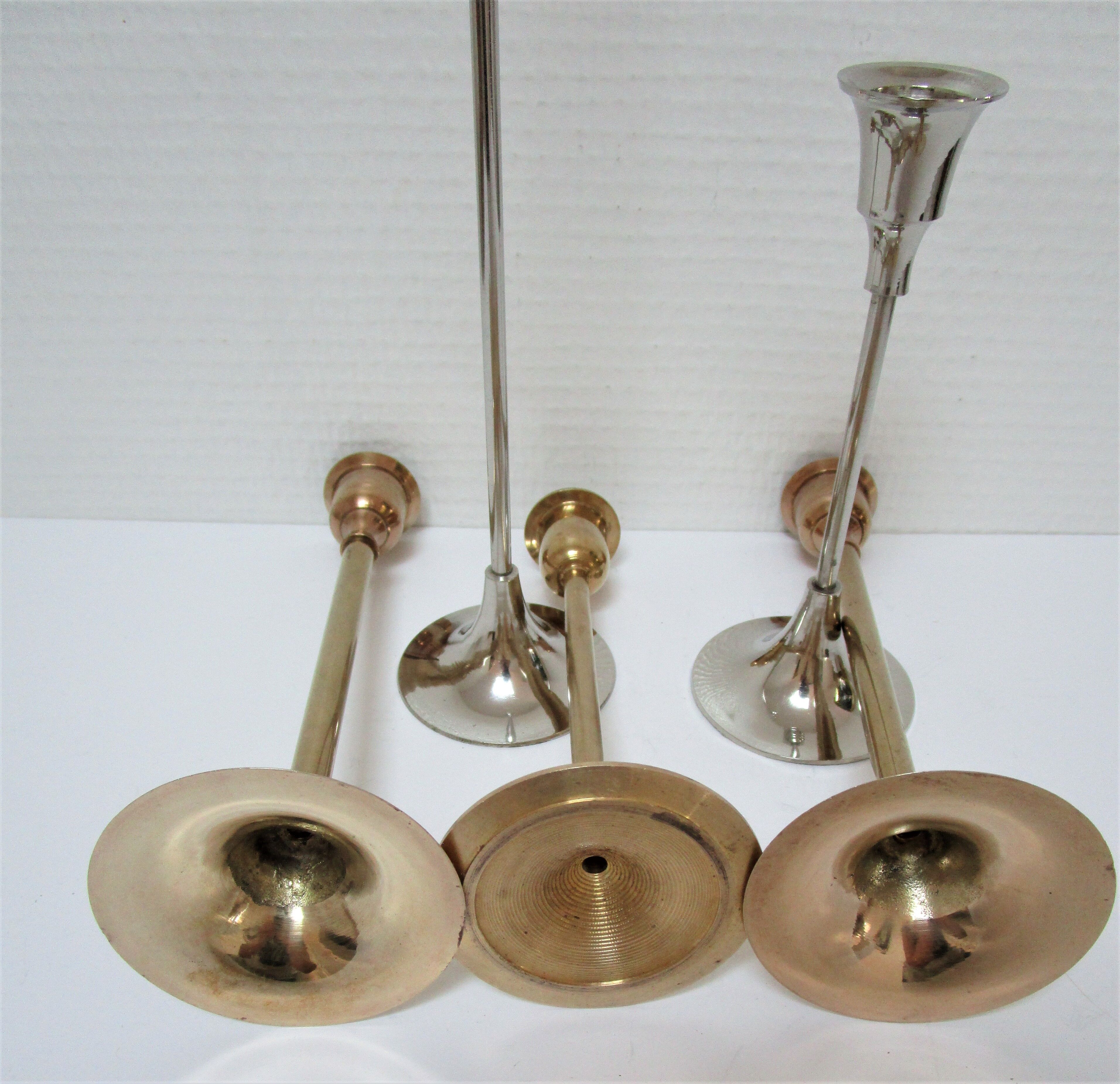 Five gold brass candlesticks and chrome brass vintage scandinavian design