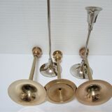 Five gold brass candlesticks and chrome brass vintage scandinavian design