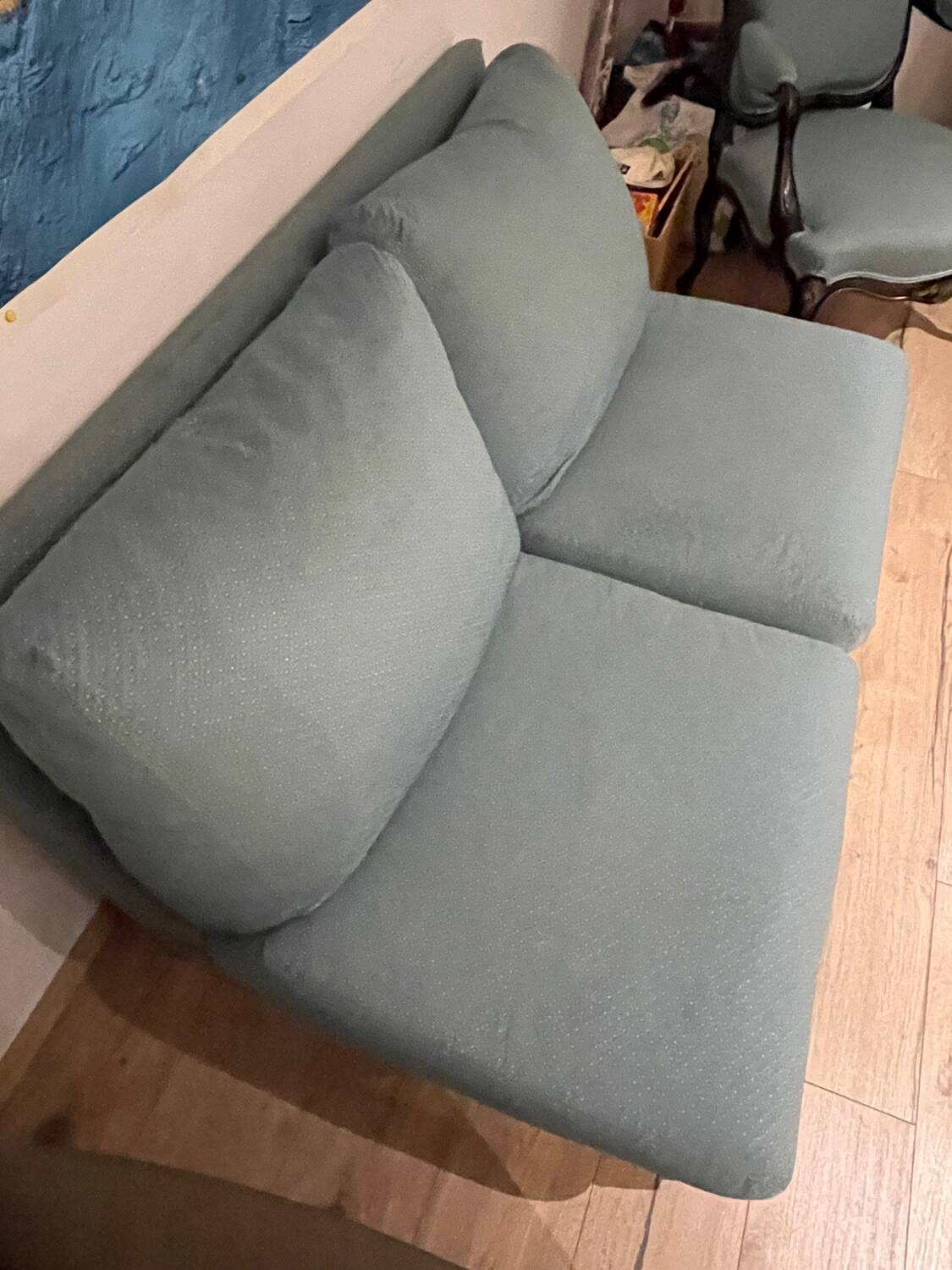 Banquette sofa circa 1970 blue fabric/yellow polka dots