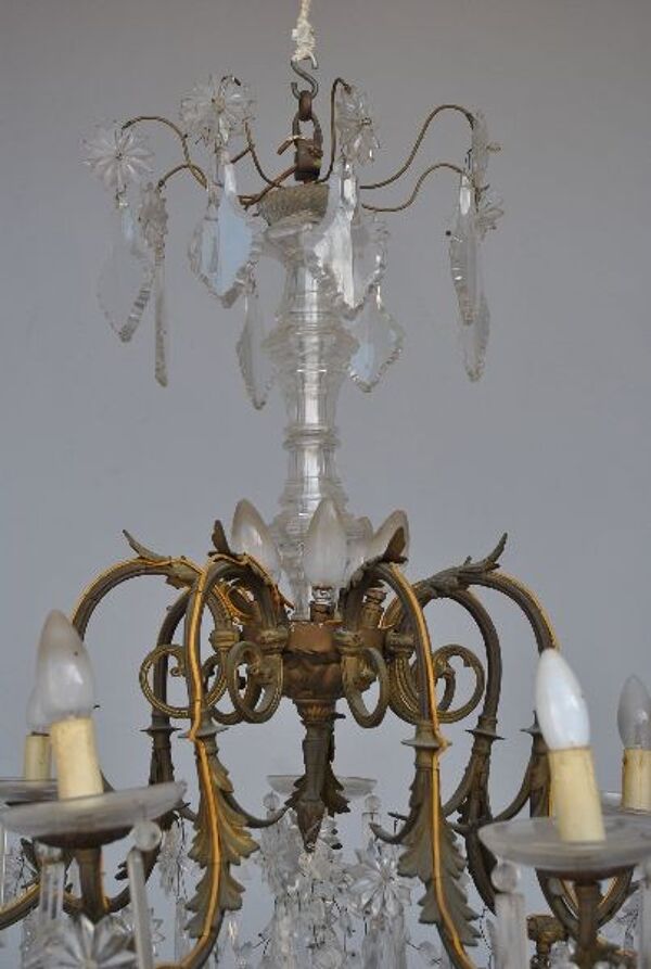 lustre pampilles de cristal bronze doré style rocaille XIXème