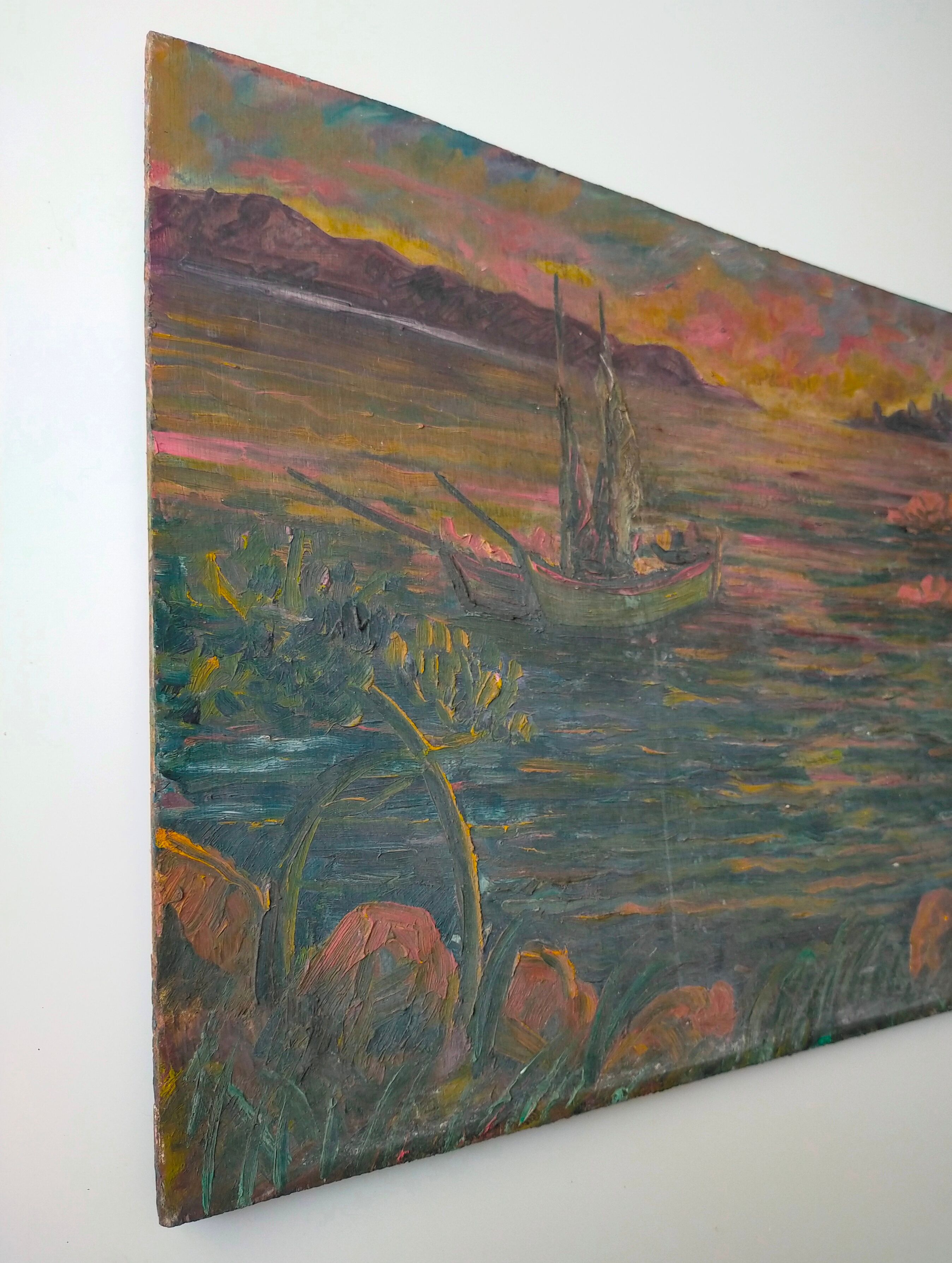 Oil on panel signed tourtet coastal landscape sailboat