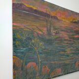 Oil on panel signed tourtet coastal landscape sailboat