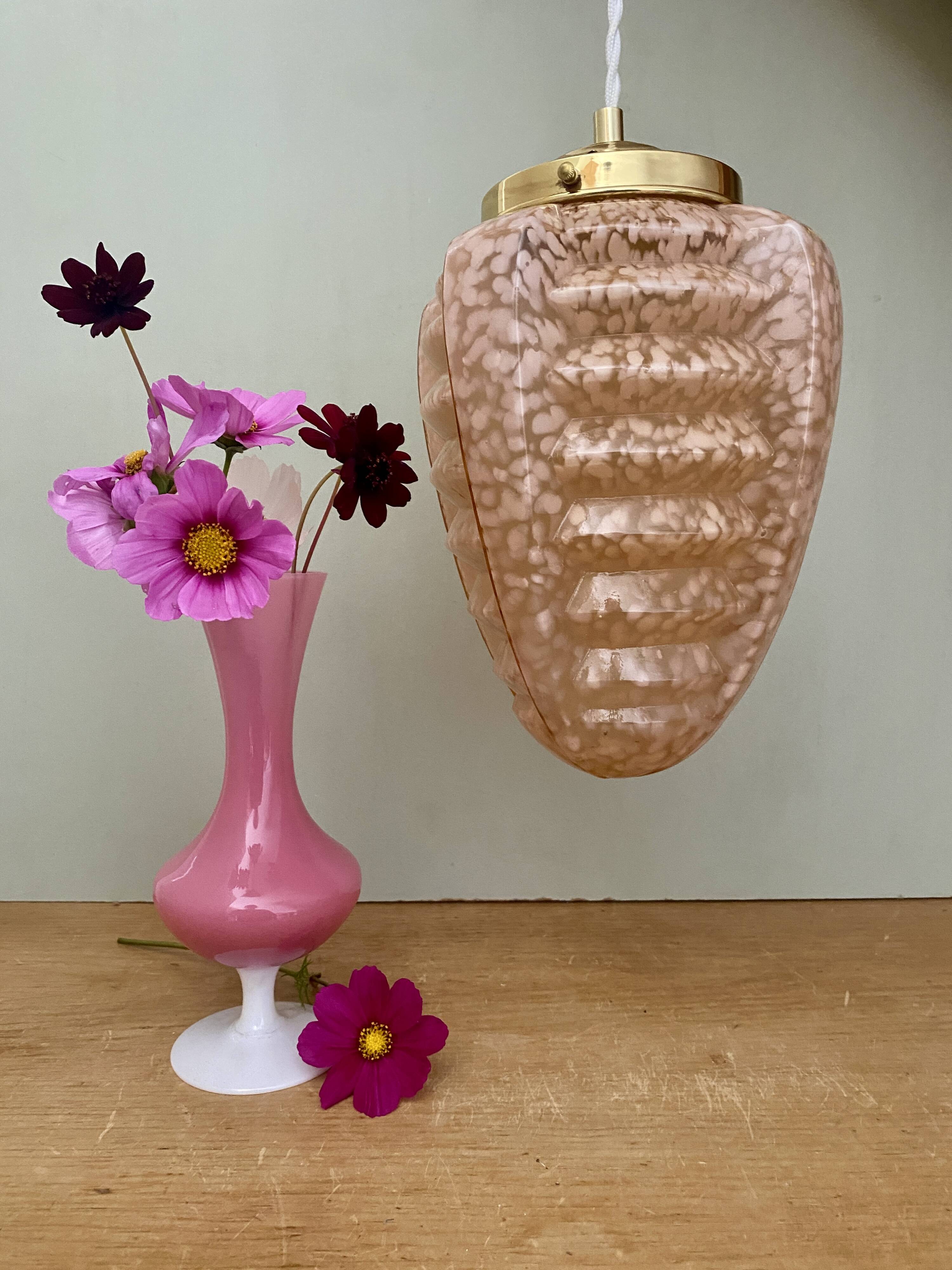 Vintage art deco globe pendant light in pink clichy glass
