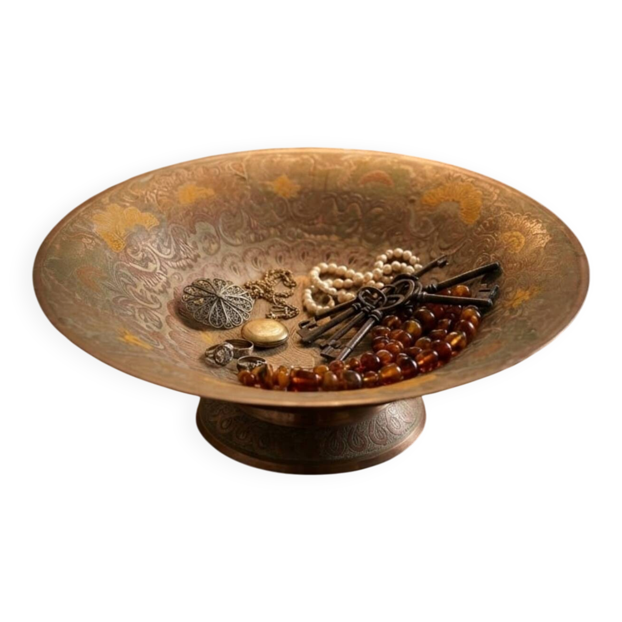 Cup on Pedestal / Vintage Bowl in Chiseled Brass — Peacock Pattern