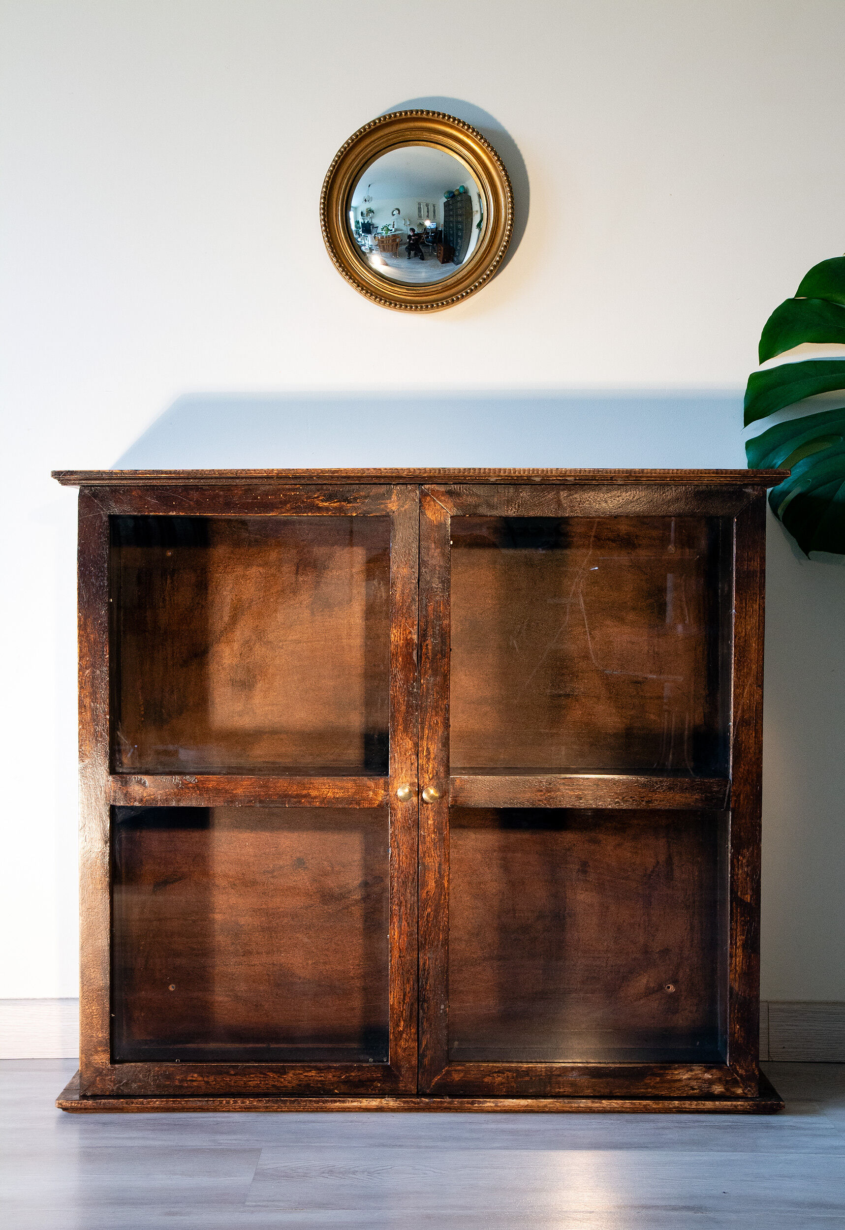 Black patinated wood showcase to be placed or hung