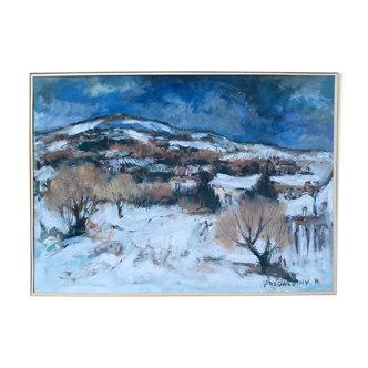 Painting "Snow Landscape" Original Gouache by Pierre Pregaldiny