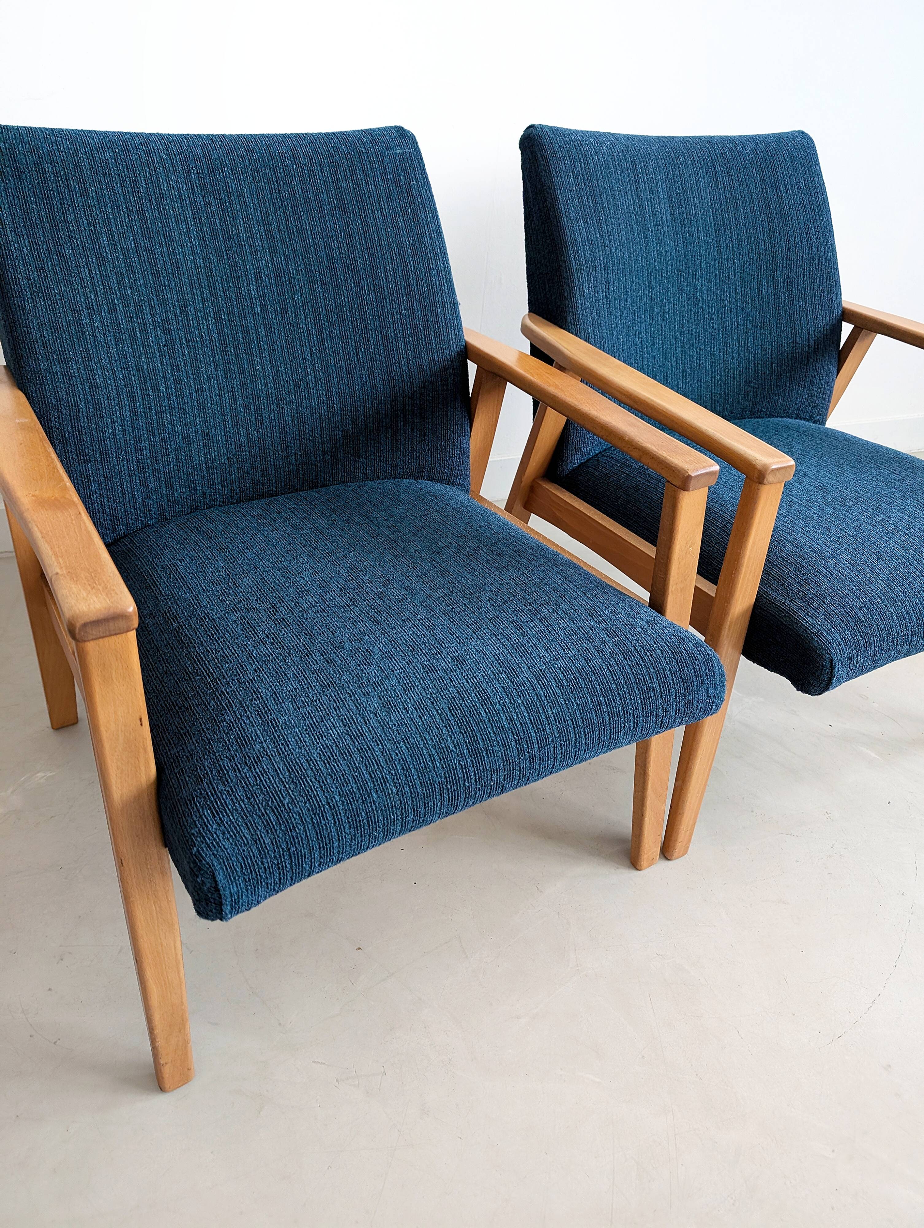 2 blue fabric armchairs, 1970s