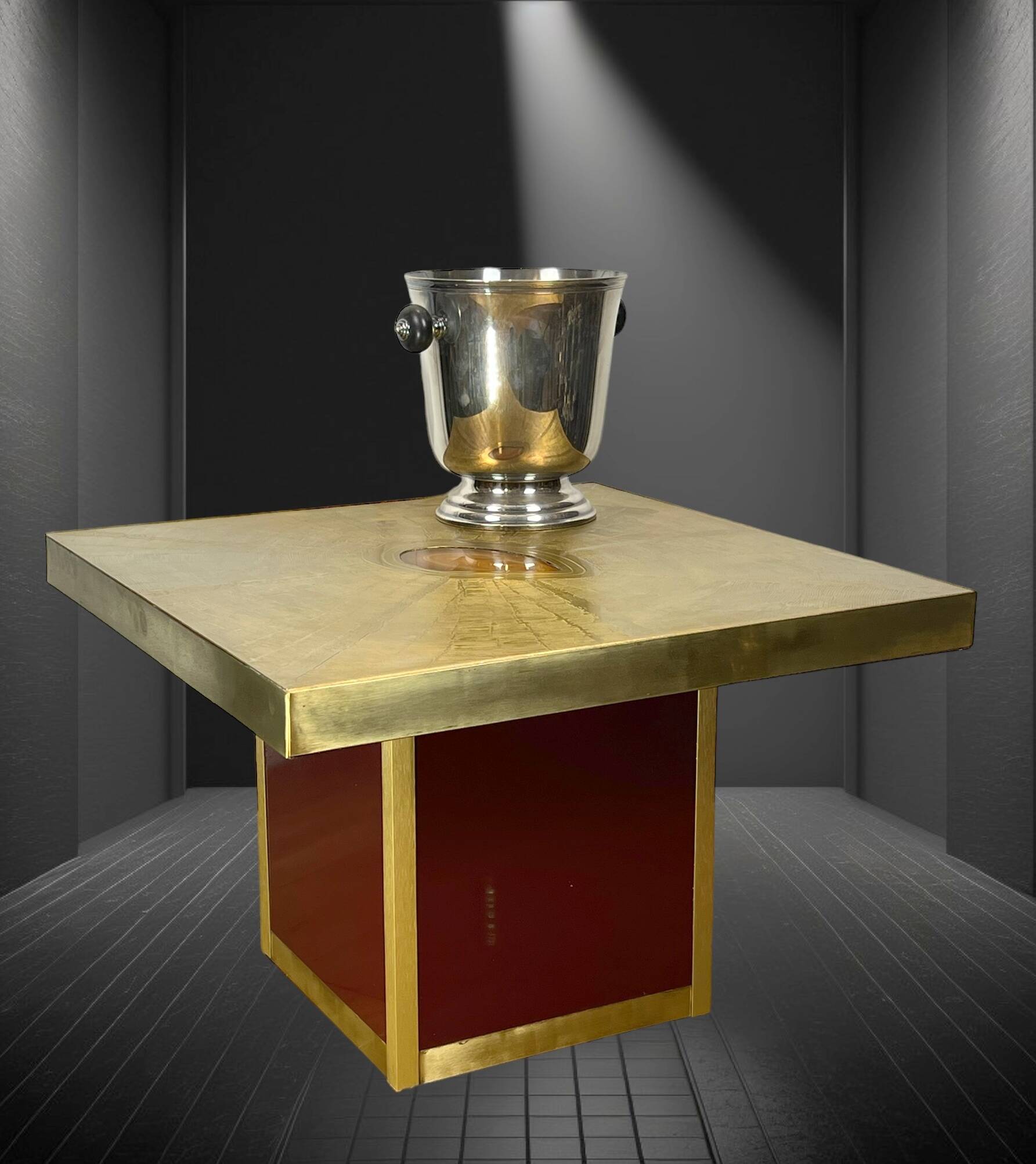 Table basse vintage signé paco rabane des années 70 en laiton gravé et agate