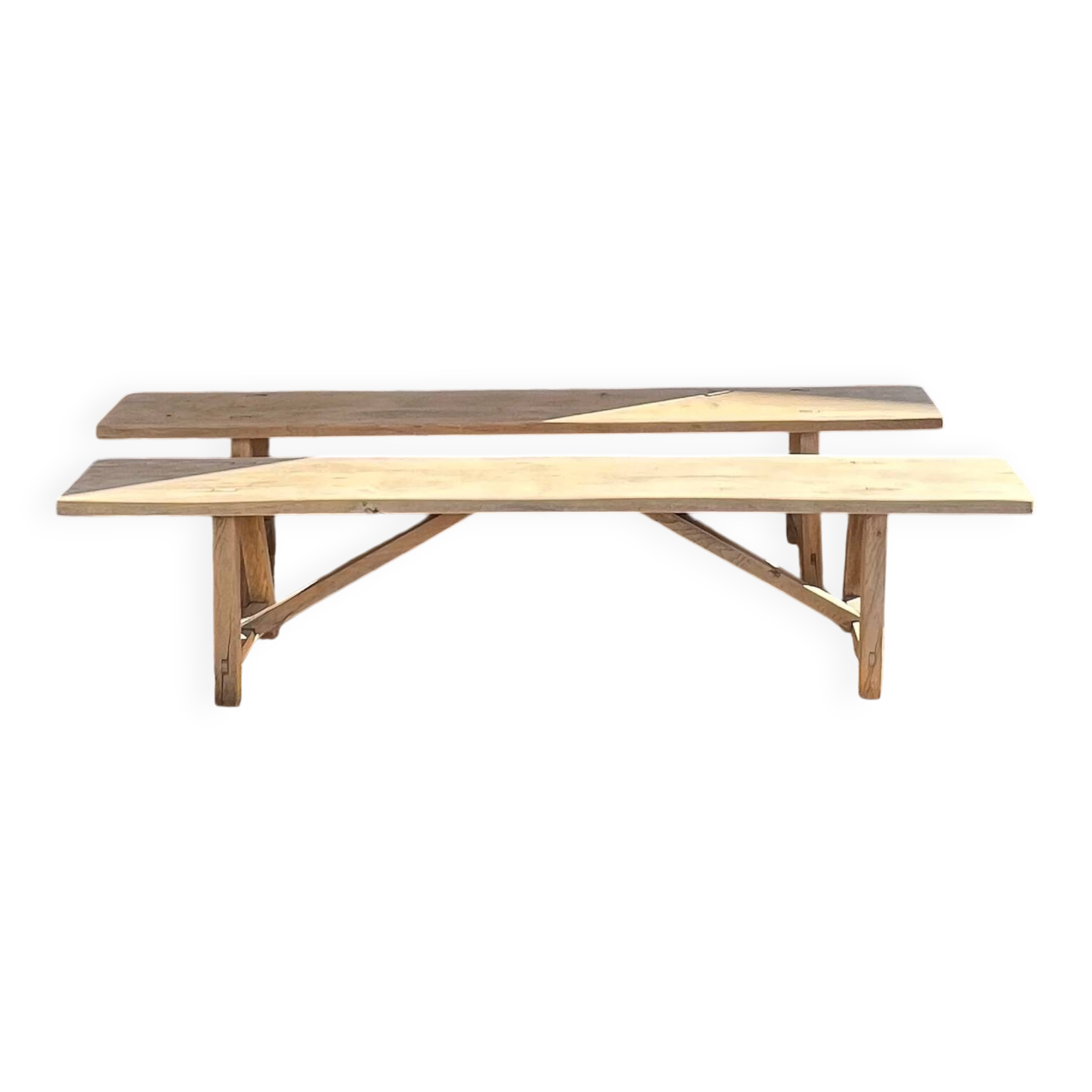 Pair of antique farmhouse benches in raw solid wood - length 2m