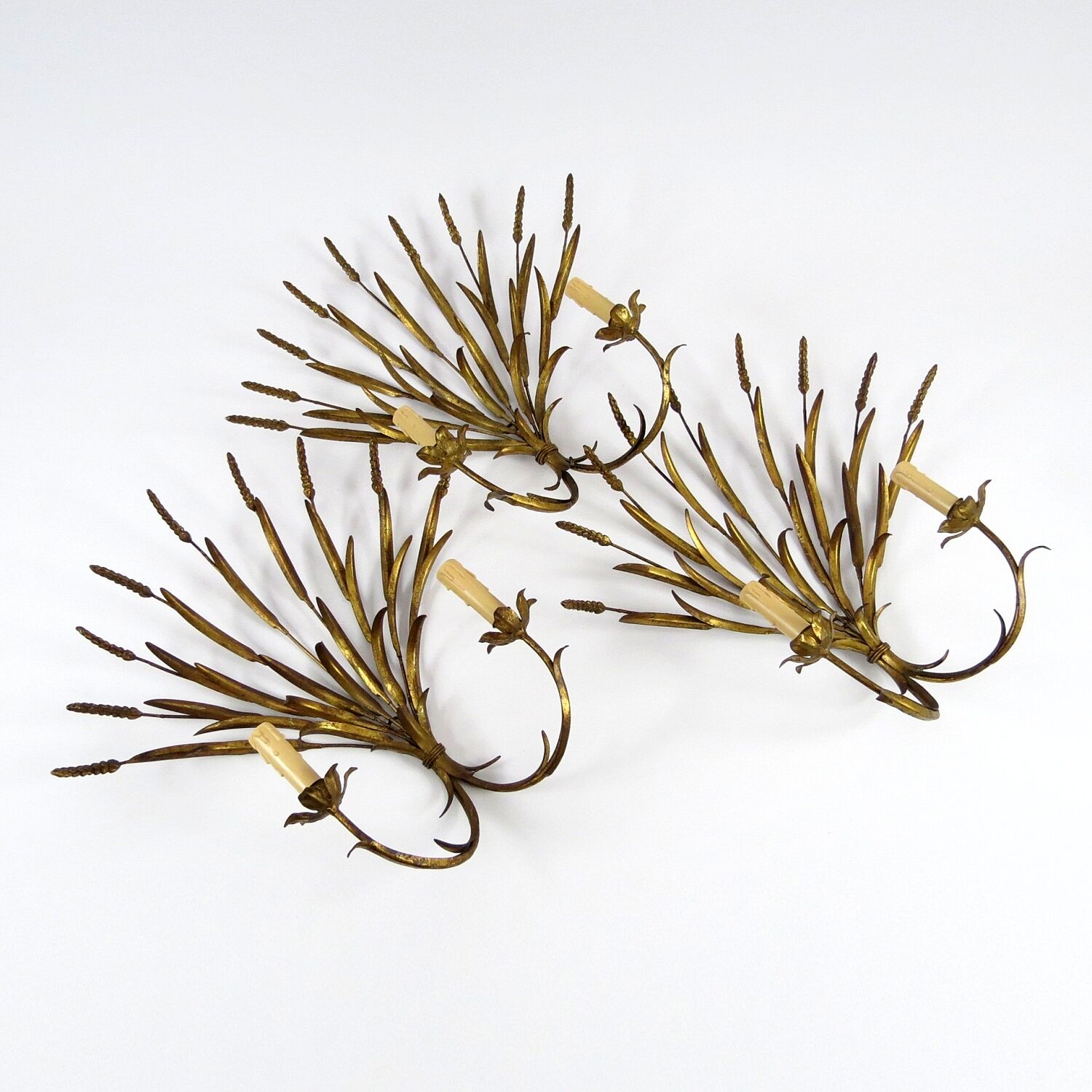 Set of 3 french wheat sheaf wall lamps, 1970s