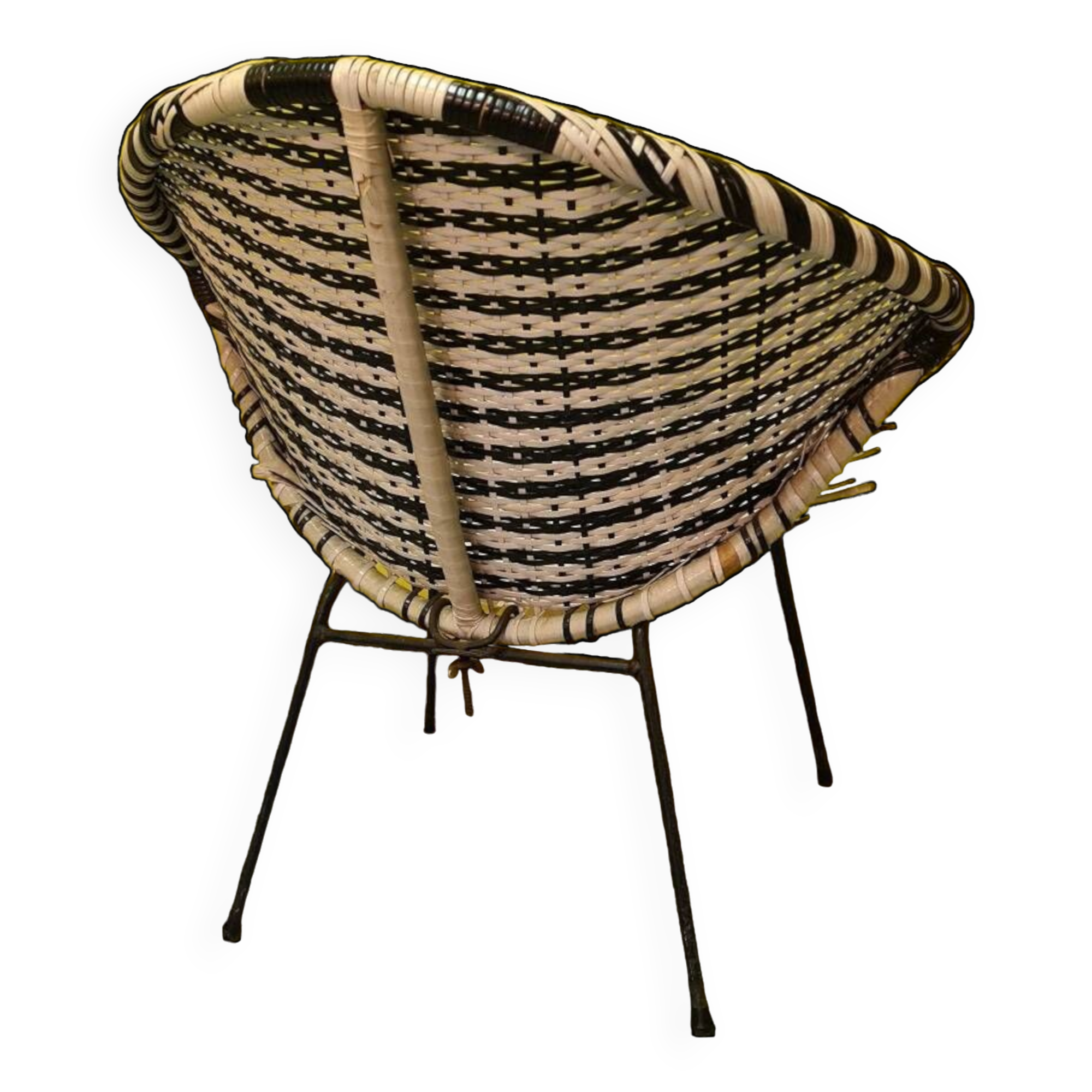 1960s Black and White Woven Round Bucket Chair