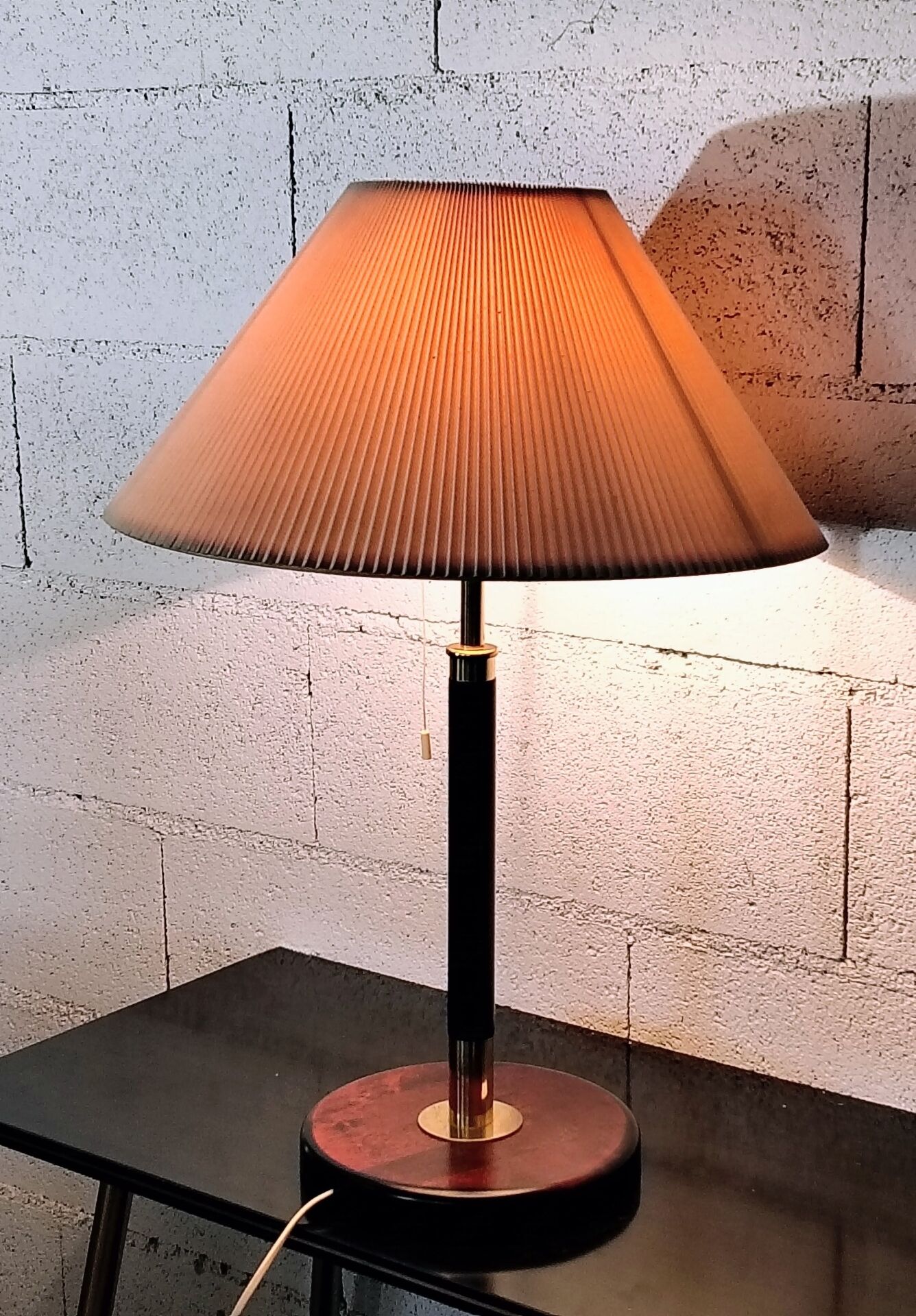 Vintage Wooden, Brass & Leather Table Lamp – 1970s