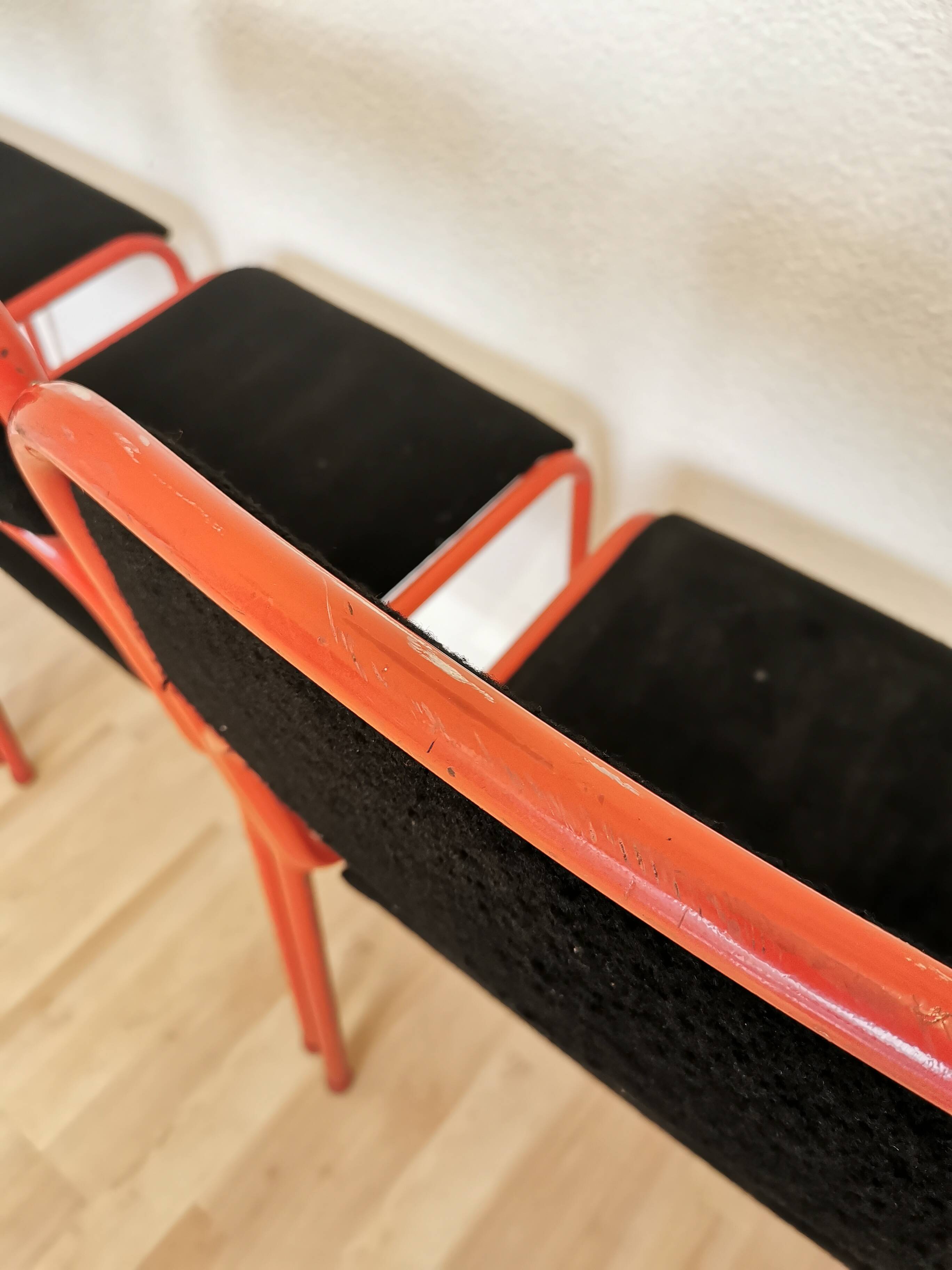 Set of 4 1970s Red & Black Metal Chair: Space Age Stackable Dining Chair