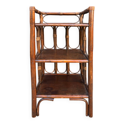 Étagère en rotin et bois, années 60-70