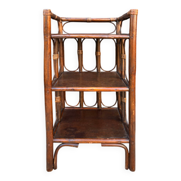 Étagère en rotin et bois, années 60-70