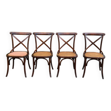 4 bistro chairs with curved wooden backs and cross braces / Crossback