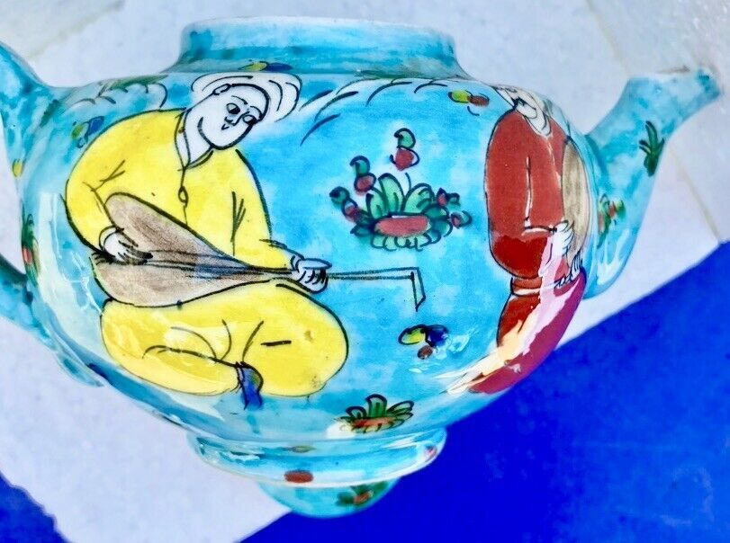 Antique ceramic teapot Asia minor musician's decoration turkey 1900 signed