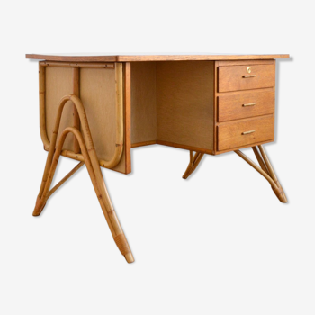 Wood desk, rattan and vintage formica