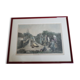 Gravure erik henningsen  "jeu de boules en norvègne", début 20e siècle 46x37 cm