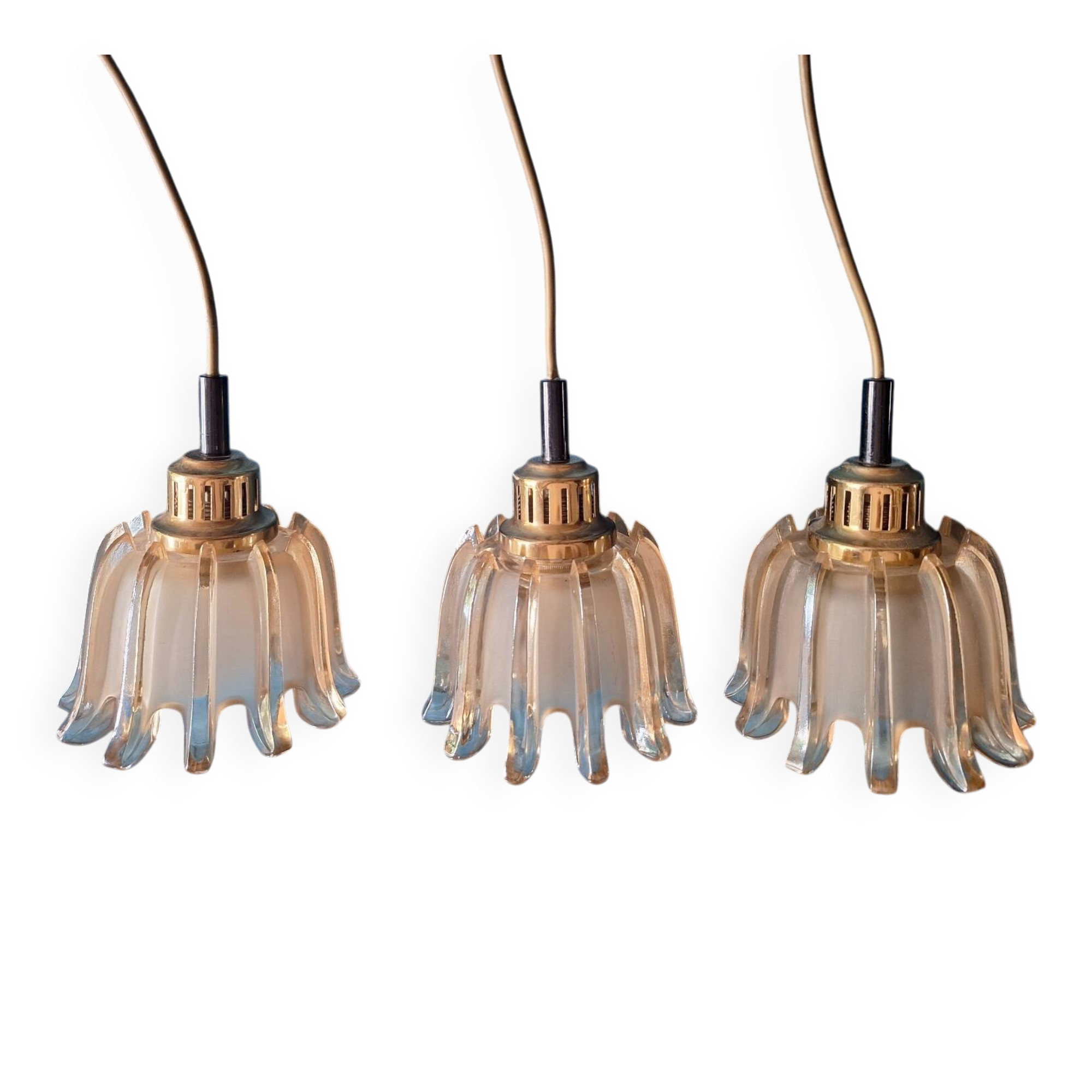 Set of 3 Doria pendant lights in amber-coloured frosted glass, 1960s