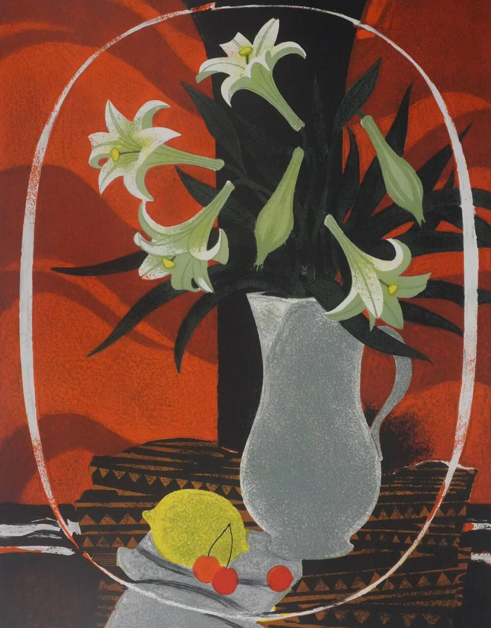 Yves ganne: lilies on an orange background, original signed lithograph