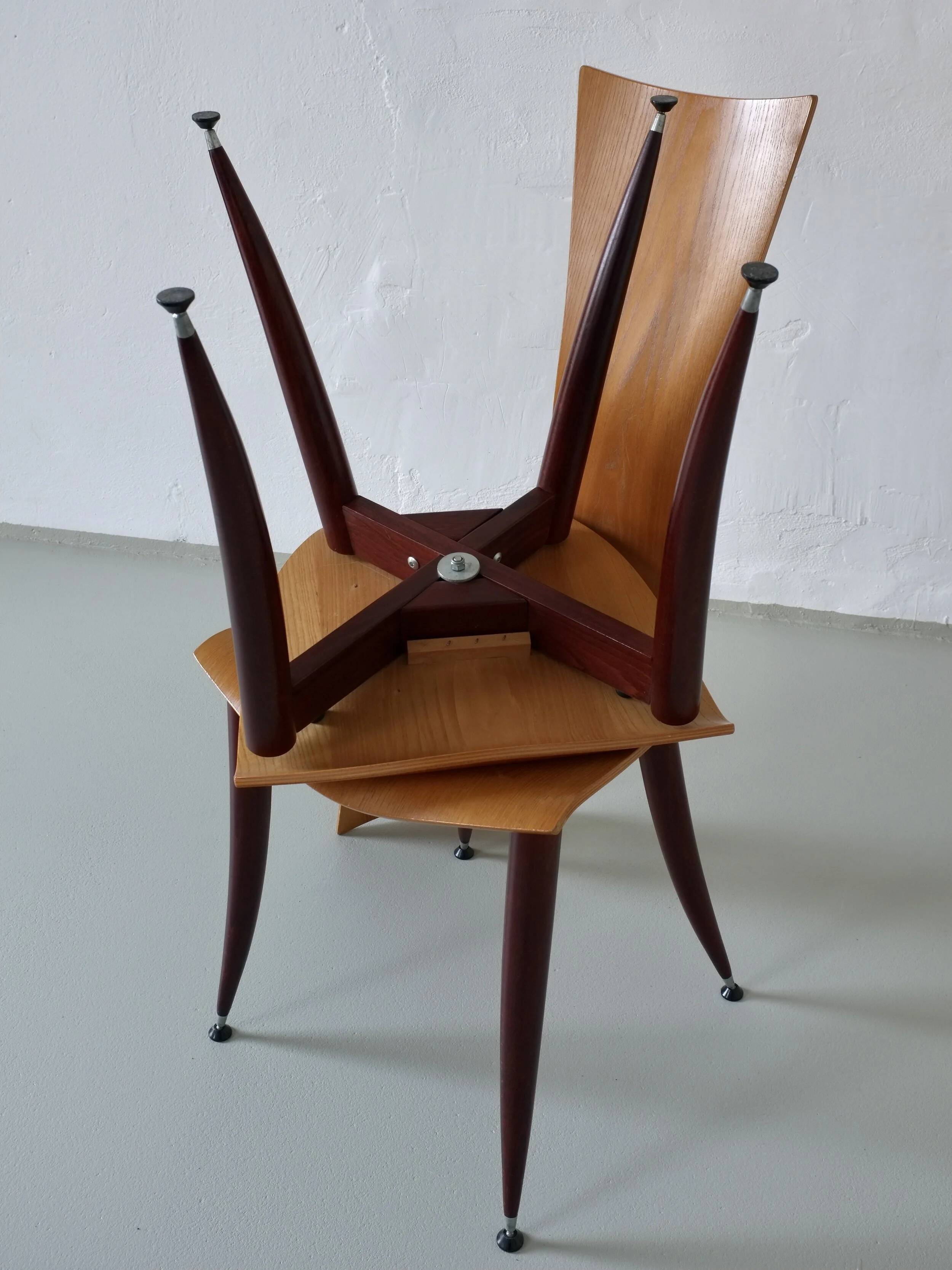 3 plywood chairs with burgundy legs | Italy | 1980s