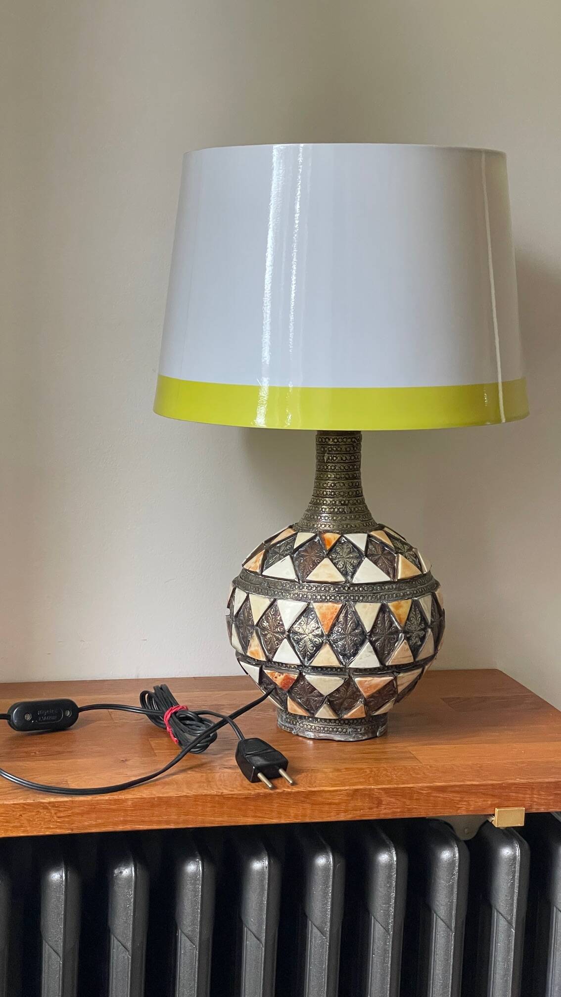 Vintage handcrafted lamp, pottery and silver-plated metal