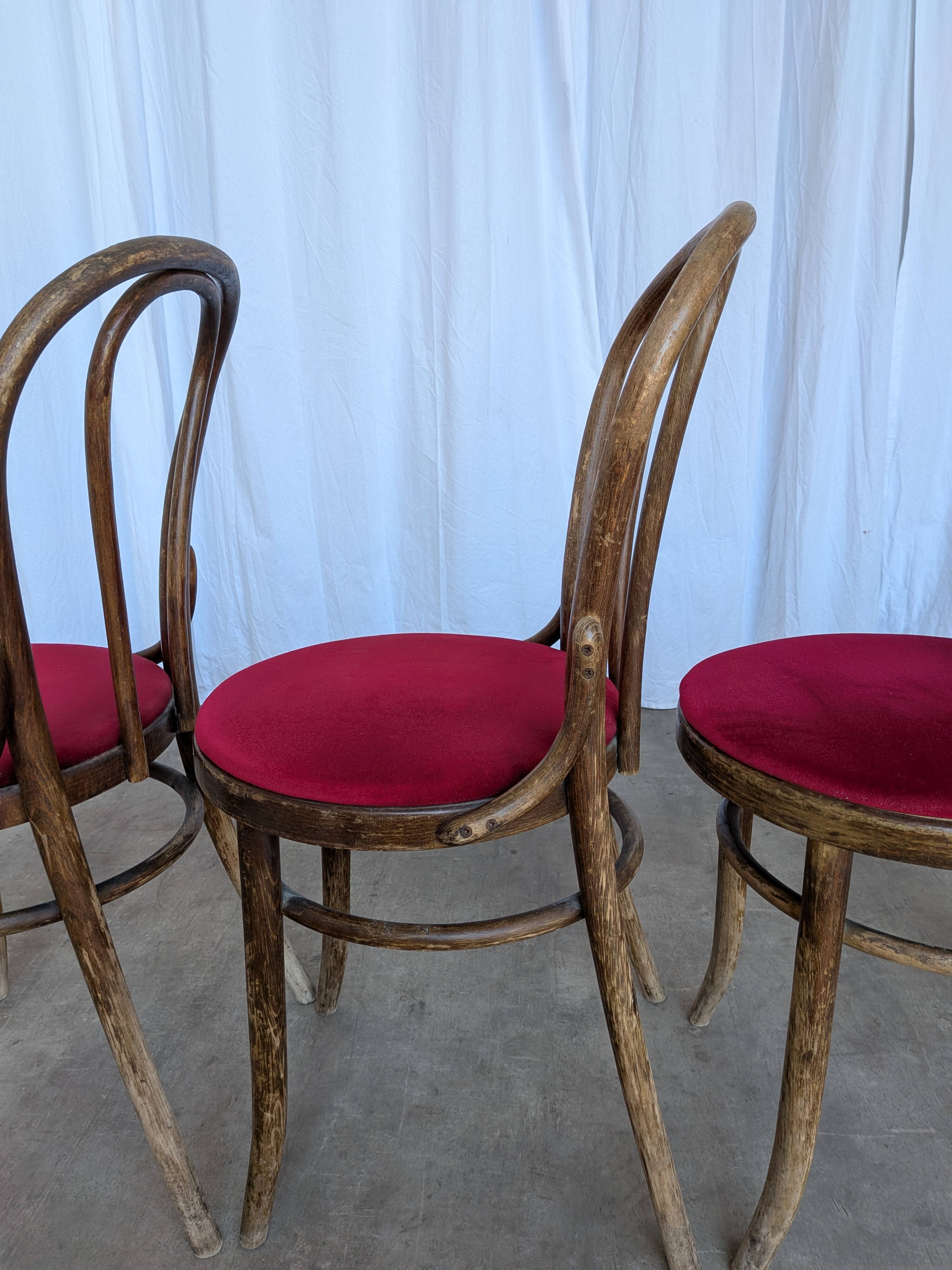 Set of 4 Vintage Bentwood Bistro Chairs, Red Upholstery