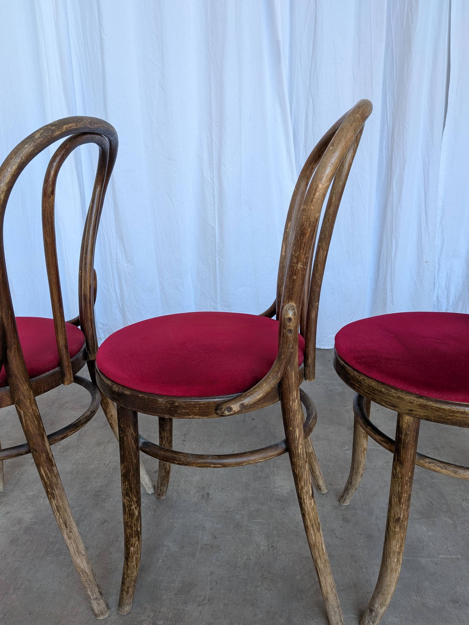 Set of 4 Vintage Bentwood Bistro Chairs, Red Upholstery