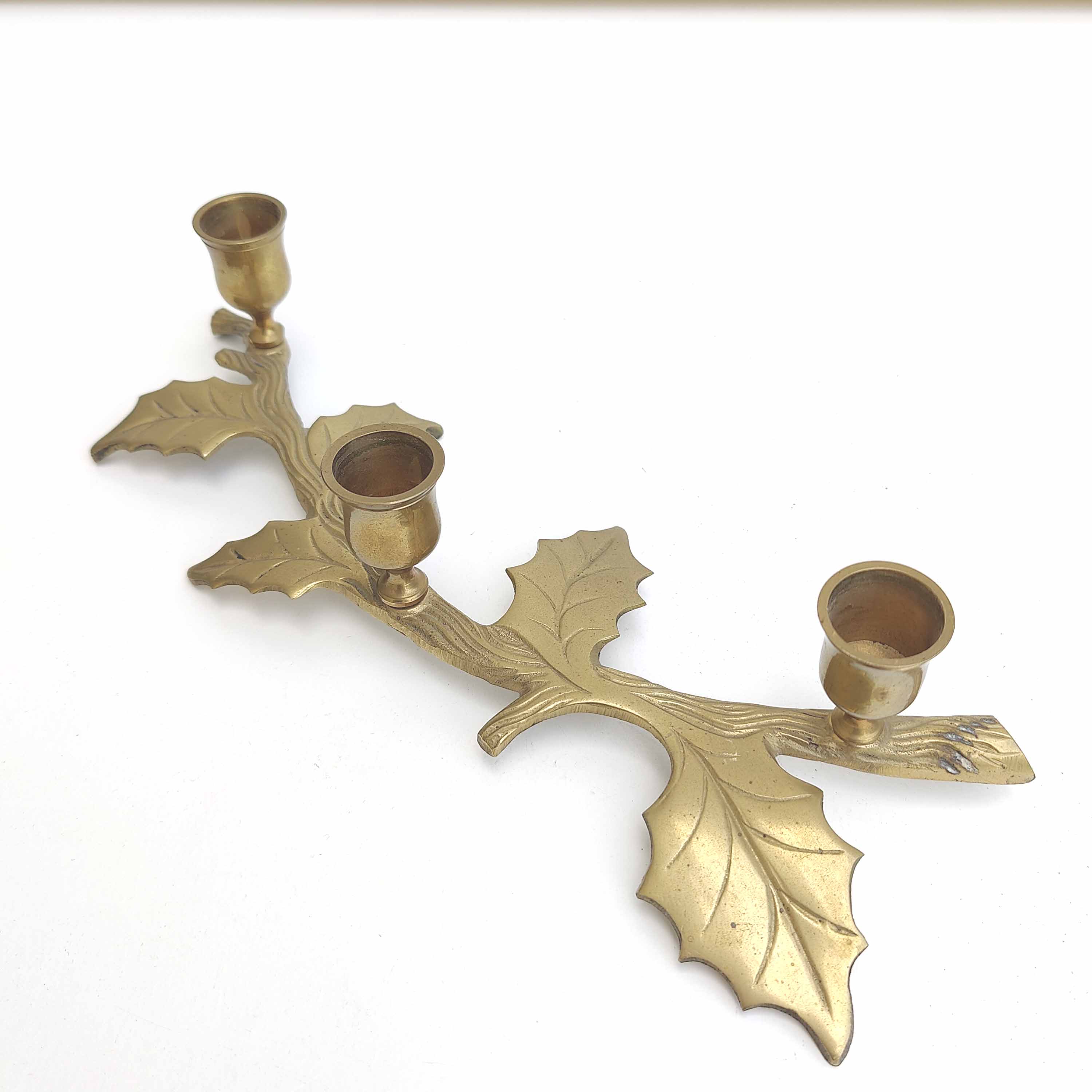 Brass "holly leaves" candle holder for 3 candles