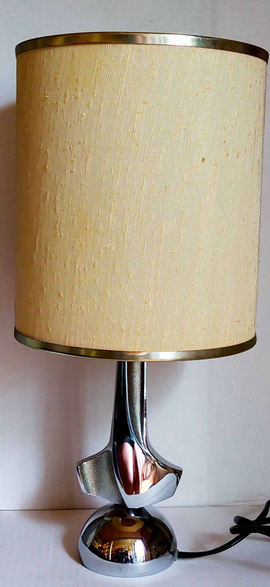 Modernist lamp chromed metal 70s, beige canvas lampshade