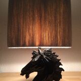 Horsehead lamp and wool lampshade, black resin