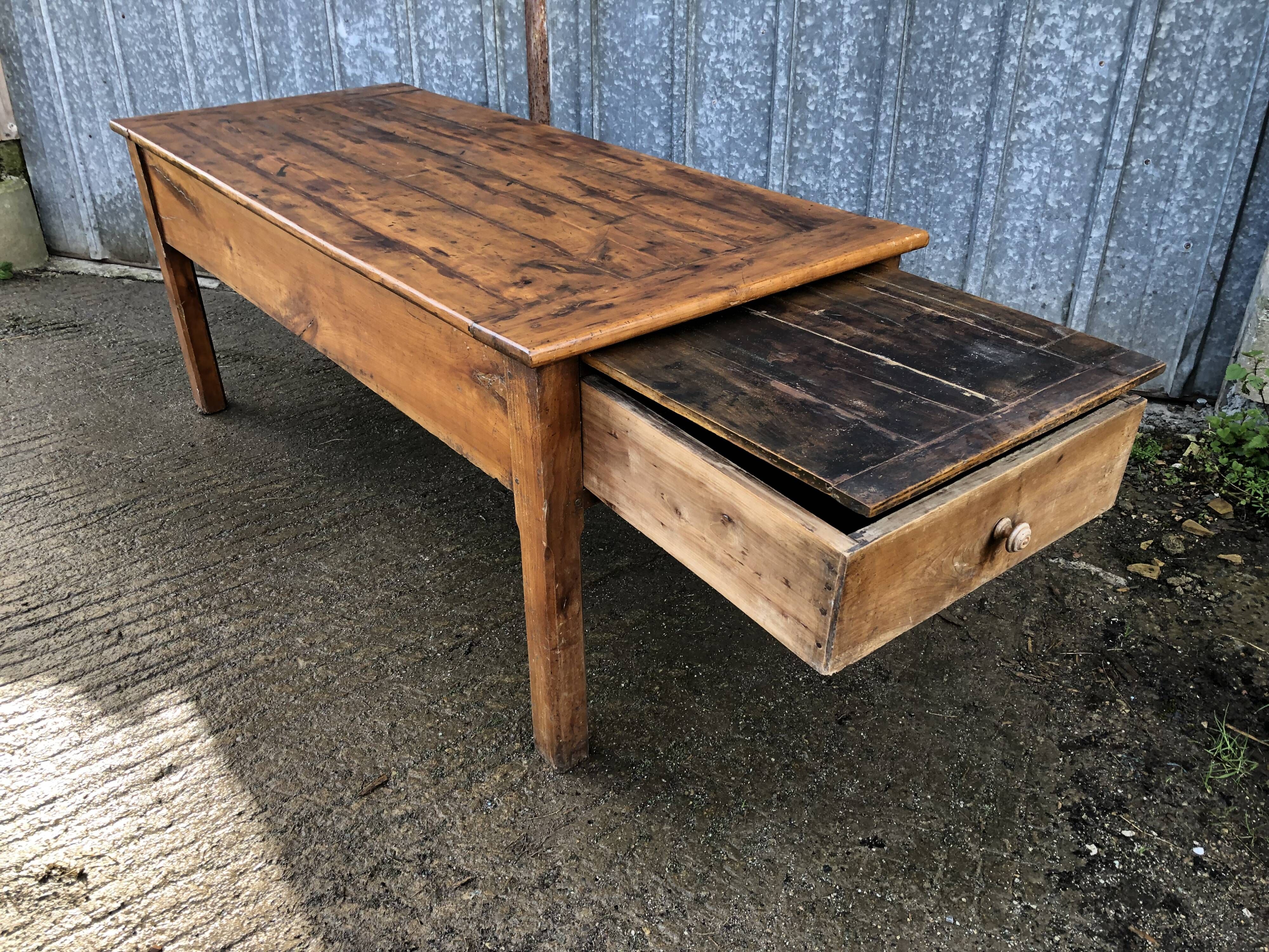 Antique Rustic Solid Cherry Farmhouse Table with 3 Drawers and 1 Pull Out