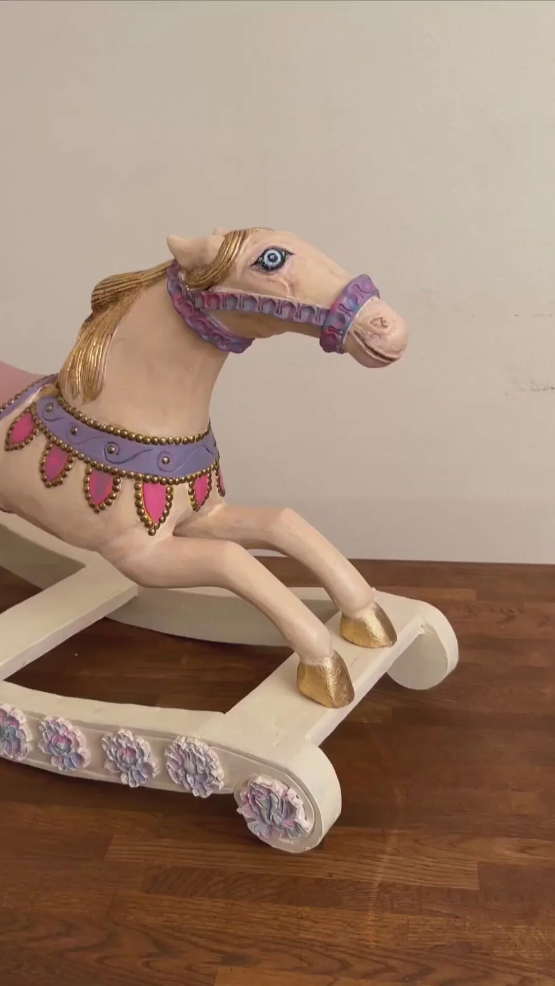 Hand-painted antique rocking horse – pastel nursery decor, heirloom toy